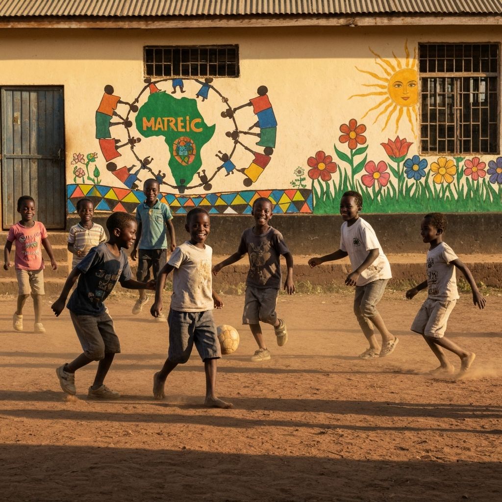Children playing happily in front of their community mural