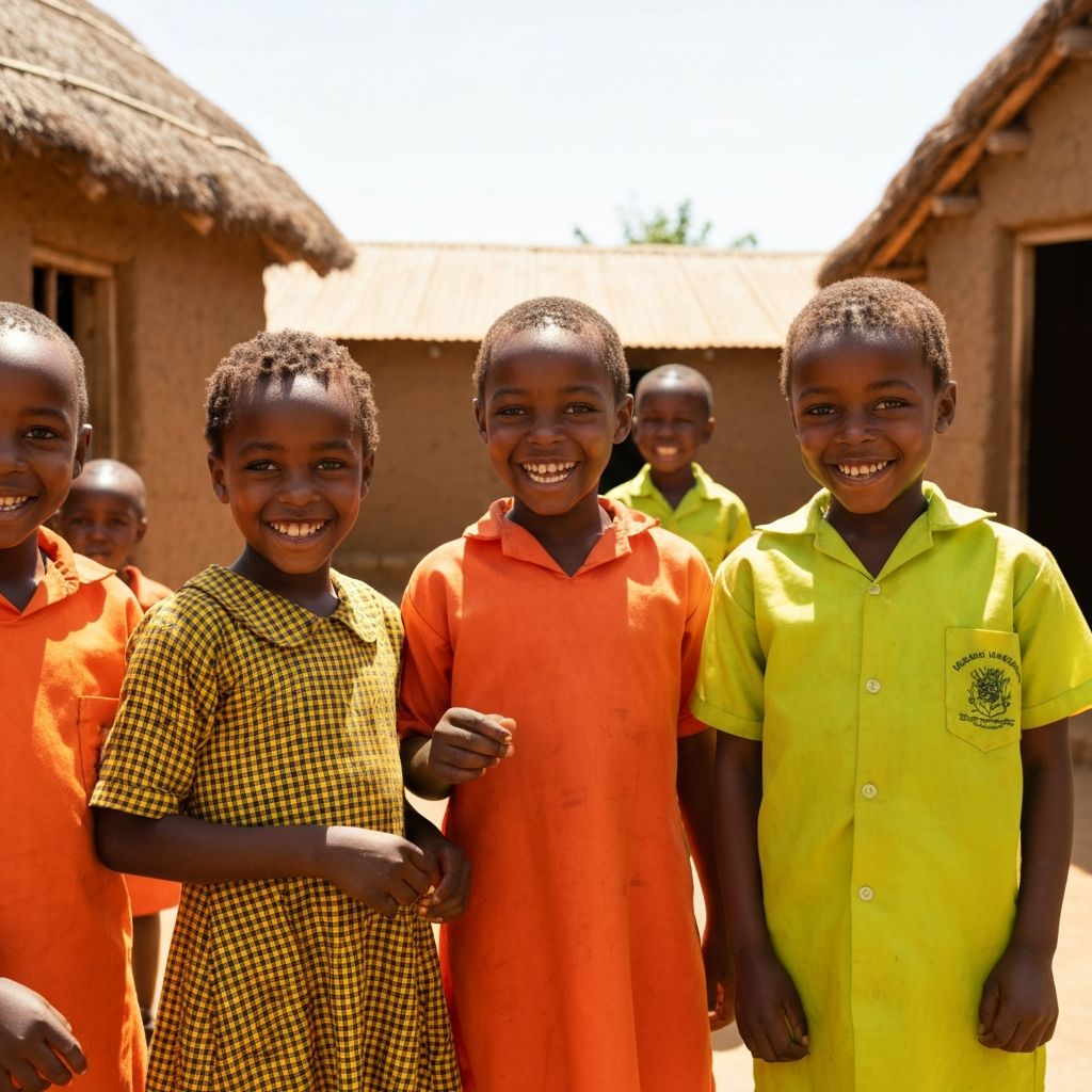 Happy children in Kenya surrounded by their artwork