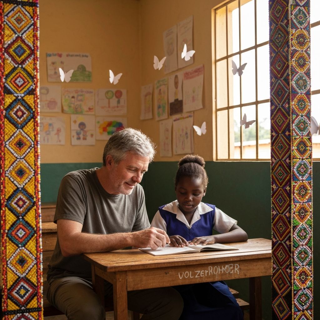Volunteer helping children with schoolwork surrounded by their artwork